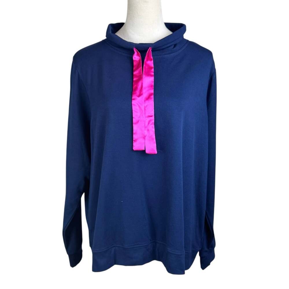 Crown & Ivy NWT Navy Blue Cowl Neck Pink Drawstring Lightweight Sweatshirt Top